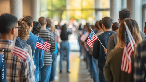 Patriotic Queue at Voter Registration, Large group of diverse people registering at polling station holding American flags in hands on election day.  photo