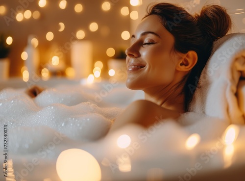 Woman enjoying a serene bubble bath in a cozy  warmly lit bathroom with candles and decor.
