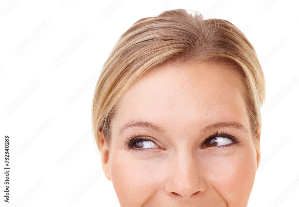 Fototapeta premium Woman, face and eyes while thinking of idea against white background, mockup and closeup in studio. Professional female model with glow, vision and planning for skin care, wellness and cosmetics
