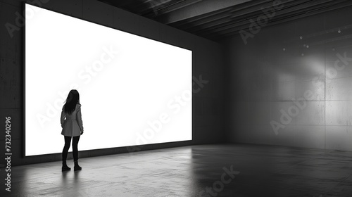 a woman watching a giant empty white screen mock-up. photo