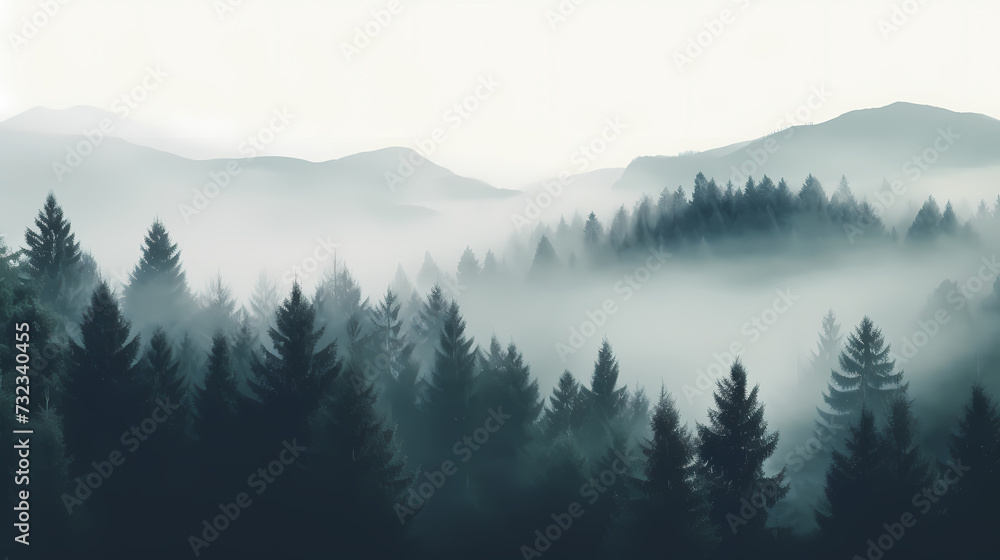 Forest landscape, exotic foggy forest