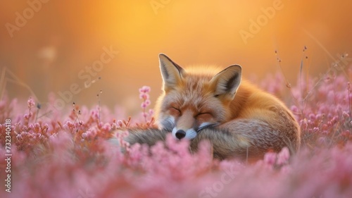 A meadow fox, fur merging with the sorbet hues of spring's twilight © Manyapha