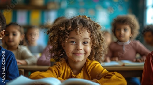 Curly-haired Child in Classroom, Education, knowledge, development or studying