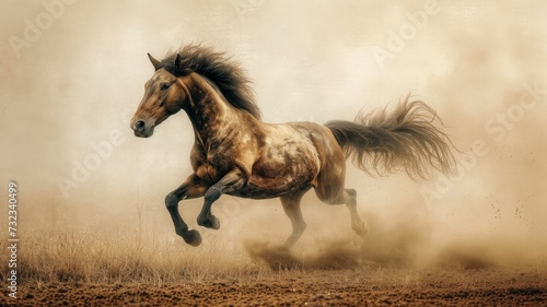 A majestic horse with a mane tinted in sorbet spring colors, galloping in a field