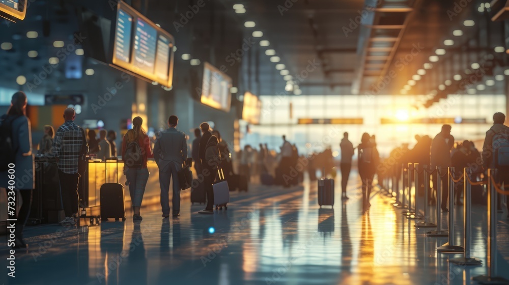 Busy Airport Terminal Scene, Travelers with luggage wait in line at an airport terminal, bathed in the warm glow of a setting or rising sun