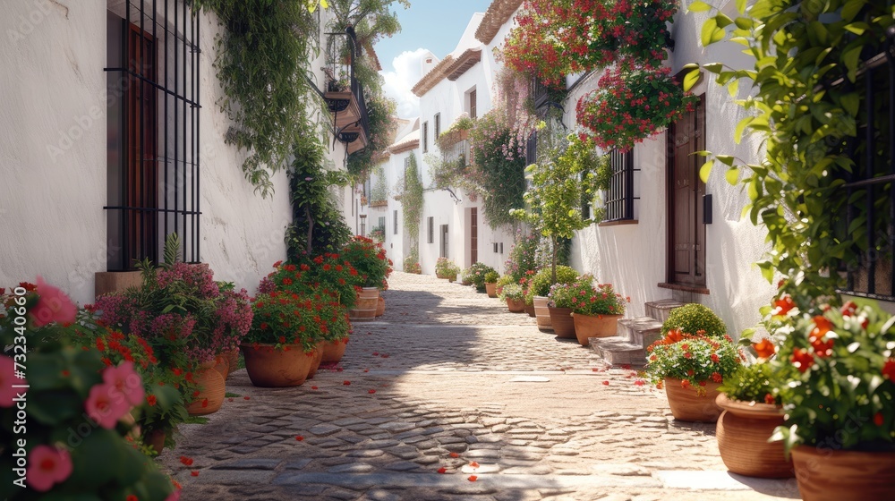 Charming Spanish Street, picturesque narrow cobblestone street lined with traditional white houses adorned with vibrant flowers under the warm Spanish sun