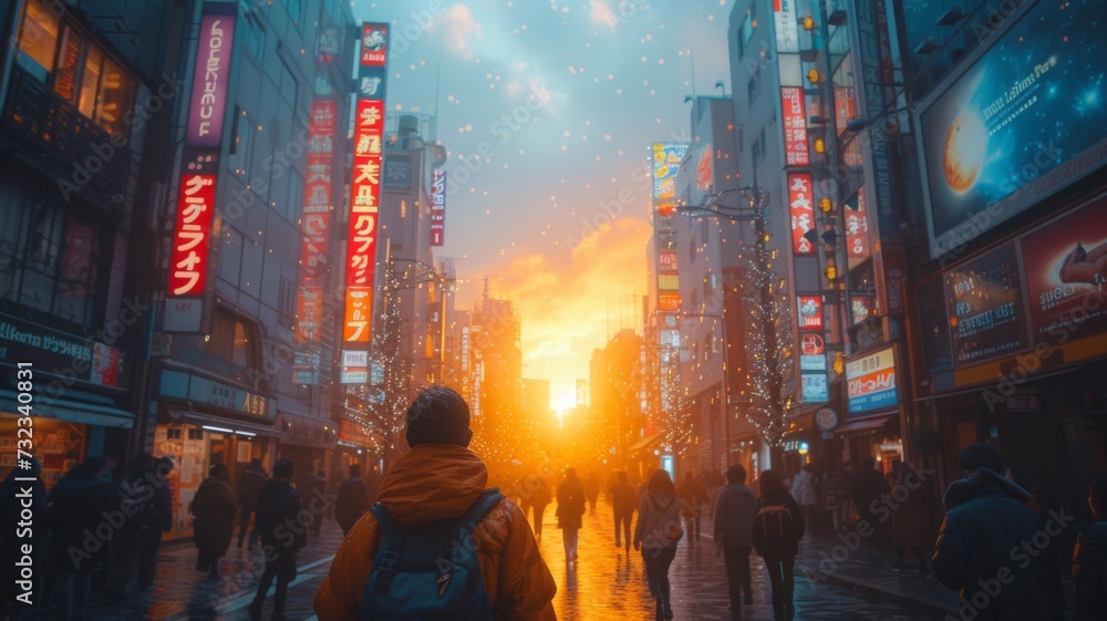A person gazes at a vibrant sunset in a bustling city street lined with glowing signs and floating embers, AI generated - obrazy, fototapety, plakaty 
