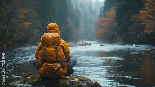 A person in a yellow hooded jacket meditates on a riverside rock, surrounded by a misty forest in autumn, AI generated