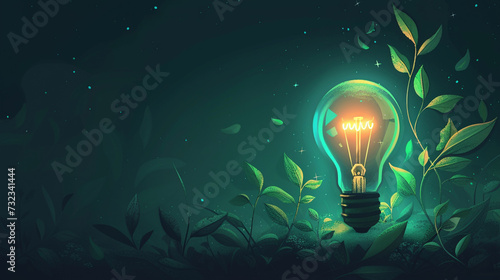 Illustration depicts a green ecology light bulb with a plant, merging energy, environment, and ecology concepts, set against a dark background.