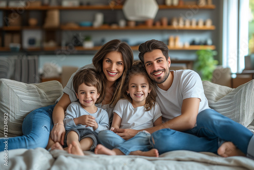 smiling family together next to each other happy sitting on the sofa posing enjoying each other, traditional values, advertising, family concept, hugs, two children, daughter and son, mother father, y