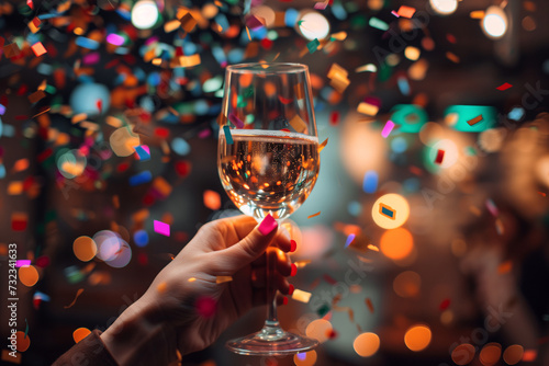 person holding glass of champagne with confetti falling