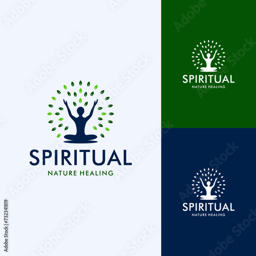 Spiritual Healing Outdoor Nature Yoga Leaf. Illustration Vector Creative Logo Design
