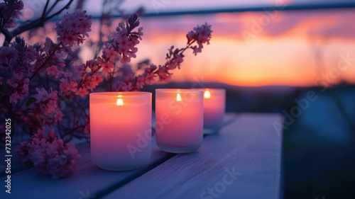 Candles in sorbet spring shades light up a terrace  their glow soft as twilight deepens