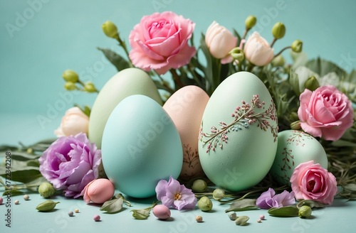 Composition easter eggs and flowers on the pastel green background, happy easter, holiday gift