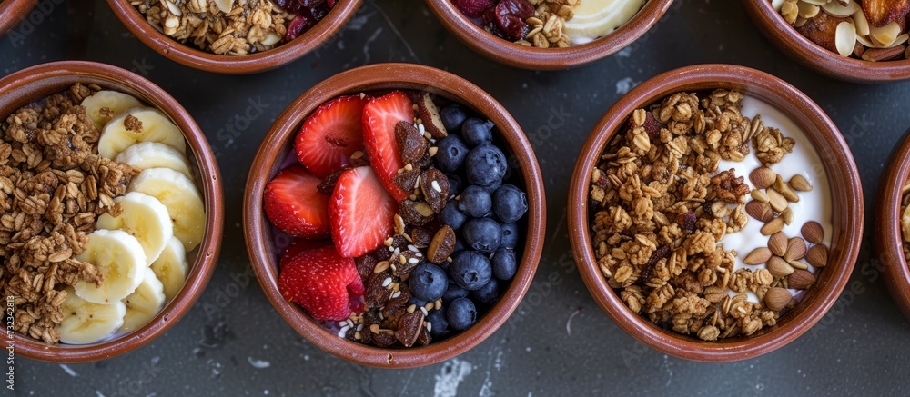 The bowls contain a variety of food, including fruits, ingredients, and natural produce, representing various recipes and cuisines. The bowls contain a variety of food, including fruits, ingredients, and natural produce, representing various recipes and cuisines.