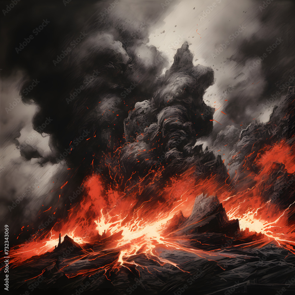 Volcanic Fury Charcoal and ink create a dynamic composition showcasing the raw power and energy of a volcanic eruption Volcanic Fury Charcoal and ink create a dynamic composition showcasing the raw power and energy of a volcanic eruption