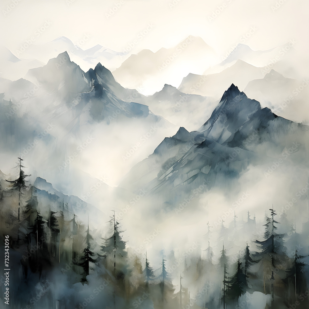 Misty Peaks Soft washes and muted tones evoke the mysterious and ethereal beauty of mountains shrouded in mist - obrazy, fototapety, plakaty 