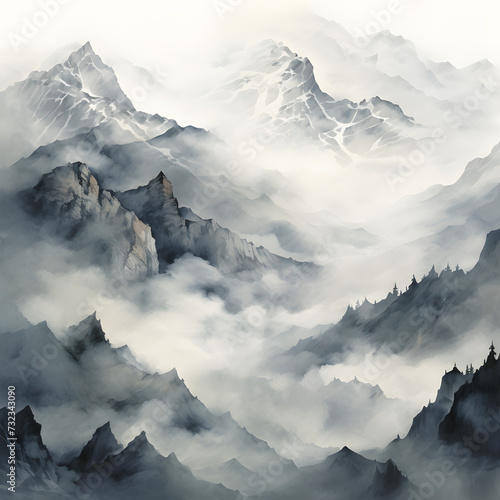 landscape with clouds old chinese drawing misty peak © siangphong