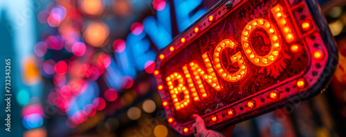 Euphoric moment captured as hands hold up a BINGO! sign, embodying the thrill of winning, set against a vibrant, multicolored bokeh backdrop photo