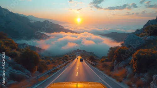 Psaka, Epirus, Greece, sunrise view of vehicles on a highway with low clouds and fog. photo