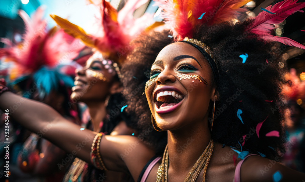 Joyful women in vibrant carnival costumes with feathers celebrating with laughter and dance amidst a shower of confetti at a festive parade Joyful women in vibrant carnival costumes with feathers celebrating with laughter and dance amidst a shower of confetti at a festive parade