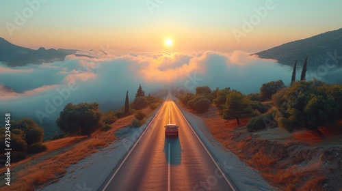 Psaka, Epirus, Greece, at sunrise with low clouds and fog among the mountains.