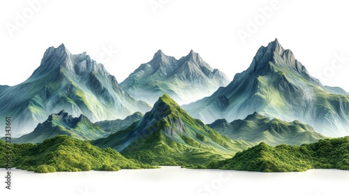 Forest mountains collection on white background. Isolated green mountains. 3d illustration. photo