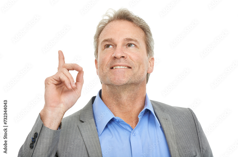 Business, man and studio with solution, looking up and thinking of financial decision, investment or pointing to presentation. Corporate CEO or boss with ideas and information on a white background Business, man and studio with solution, looking up and thinking of financial decision, investment or pointing to presentation. Corporate CEO or boss with ideas and information on a white background