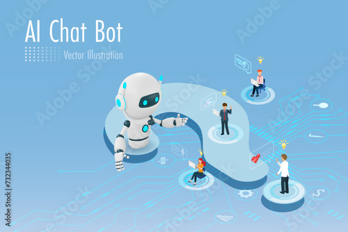 Ai chat robot answer smart solution to users on question mark sign. Artificial intelligence robotics and chatbot technology influence in worldwide trends. Vector Illustration.