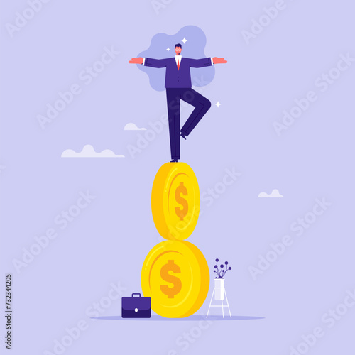 Concept of financial instability, risks of investments, businessman trying to keep balance on coin, risks of investments, impact of economic downturns