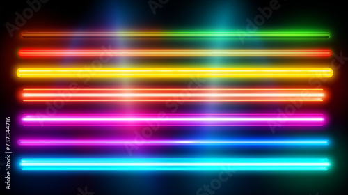 Neon lines set. Rainbow borders. Realistic led neon tube. Color laser beam. Bright design for party, game, web. Shining night signboard. Vertical lamp sign. Retro neon wale,A set of neon glowing lamps photo