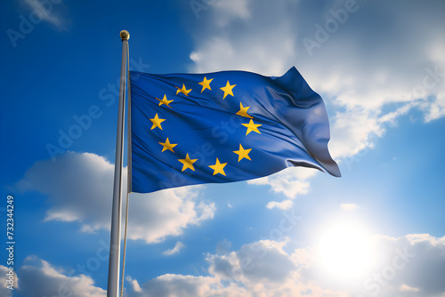Radiant European Union Flag Against Clear Blue Sky: A Symbol of Unity and Strength