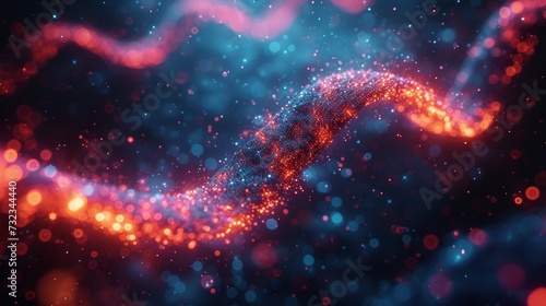 Genetic helix of blue and red particles over dark blue background. Concept of genetics, science and medicine. Biotech. 3D rendering copy space toned image.