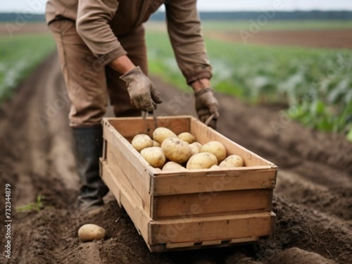 Agricultural worker harvesting fresh organic potatoes in farm field on a sunny day