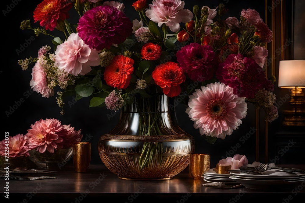 A stunning close-up view of a vase filled with vibrant flowers on a beautifully set dining table. A stunning close-up view of a vase filled with vibrant flowers on a beautifully set dining table.
