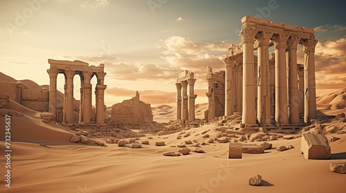 Ancient ruins in desert. Greek or Roman city on Middle Eastern and Mediterranean landscape. photo