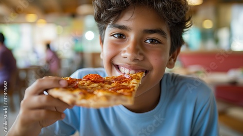 Teenager eating a slice of pizza with pleasure