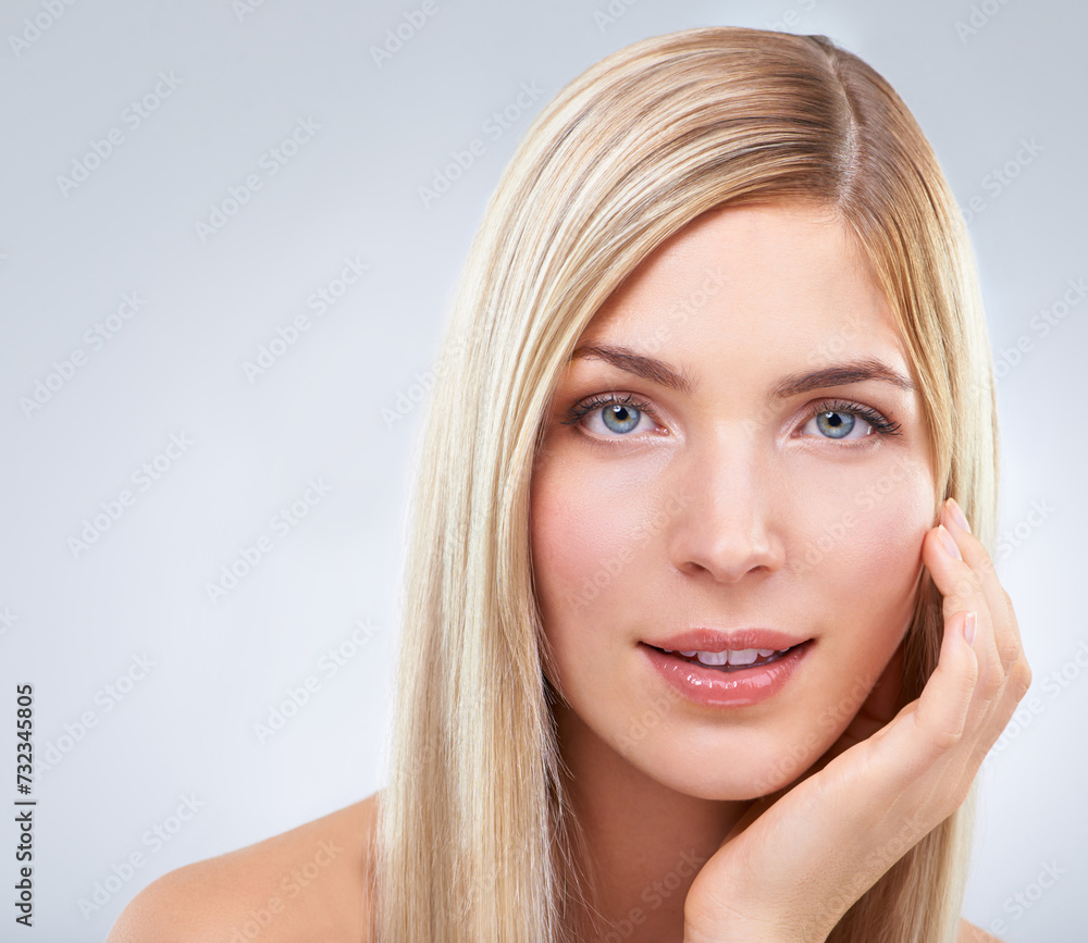Skincare, hand and portrait of blonde woman, hair and beauty makeup isolated on white studio background. Face, touch or hairstyle of young model in cosmetics, hairdresser and salon treatment for glow Skincare, hand and portrait of blonde woman, hair and beauty makeup isolated on white studio background. Face, touch or hairstyle of young model in cosmetics, hairdresser and salon treatment for glow