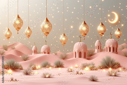 Ramadan Kareem greeting poster design pastel Pink and peach colours glitter with Golden moon and stars and Mosque minar 