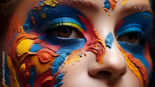 Close up of a woman with colorful paint on their face