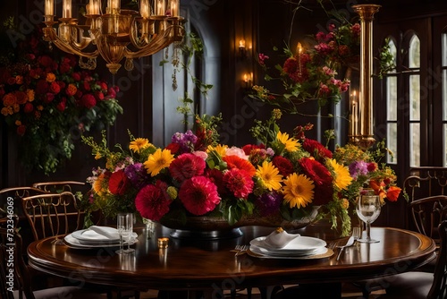A stunning close-up view of a vase filled with vibrant flowers on a beautifully set dining table. 