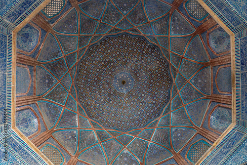 View of beautiful blue traditional floral and geometric design inside cupola at ancient Shah Jahan mosque in Thatta, Sindh, Pakistan	
