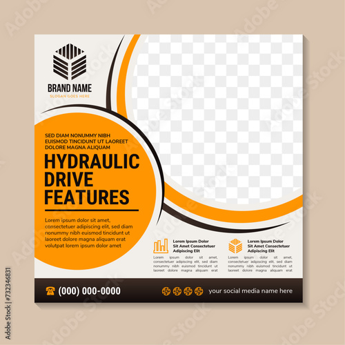 collection of hydraulic drive features square banner for social media post. space for photo collage and text. combination orange and brown gradient on element and soft brown on element. 