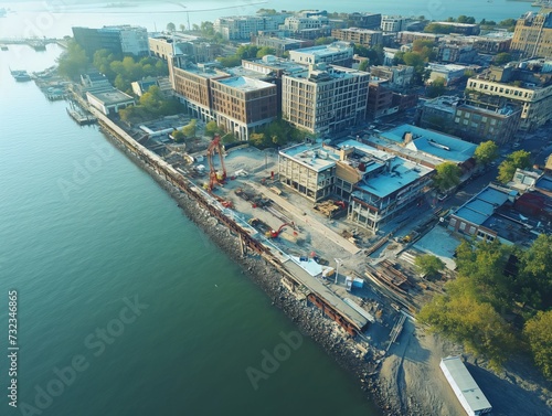 Bird's-eye view of a waterfront redevelopment project in progress © CG Design