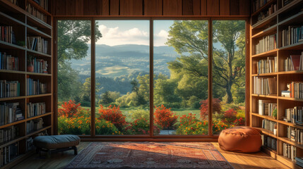 Warm scenic mountains interior home office library study with window views of trees and hills. Rustic wood bookshelf in cozy decorated room. Virtual online presentation teams meeting room backdrop.