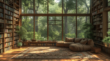 scenic bookshelf background of interior home office study library with window views of trees and plants. Rustic bookshelves in cozy room backdrop. Virtual online presentation teams meeting room