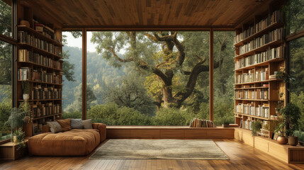 scenic bookshelf background interior home office library study window view of trees and hills backdrop. Rustic wood bookshelves in cozy room. Virtual online presentation teams meeting room background.