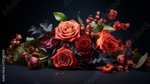 Bouquet of flowers with rose leaves