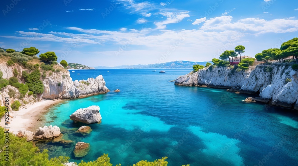 Bright spring view of the Cameo Island. Picturesque morning scene on the Port Sostis, Zakinthos island, Greece, Europe. Beauty of nature concept background