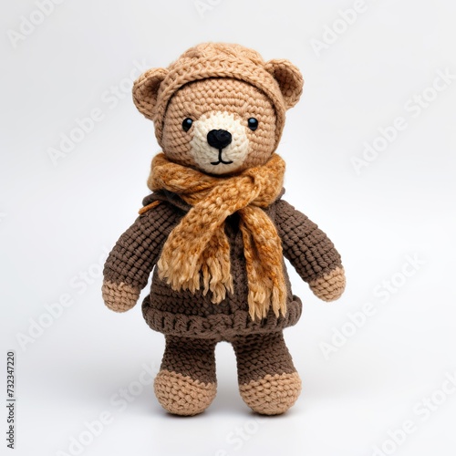 Cute knitted teddy bear. Vintage Toy animal in coat made of large rough threads.